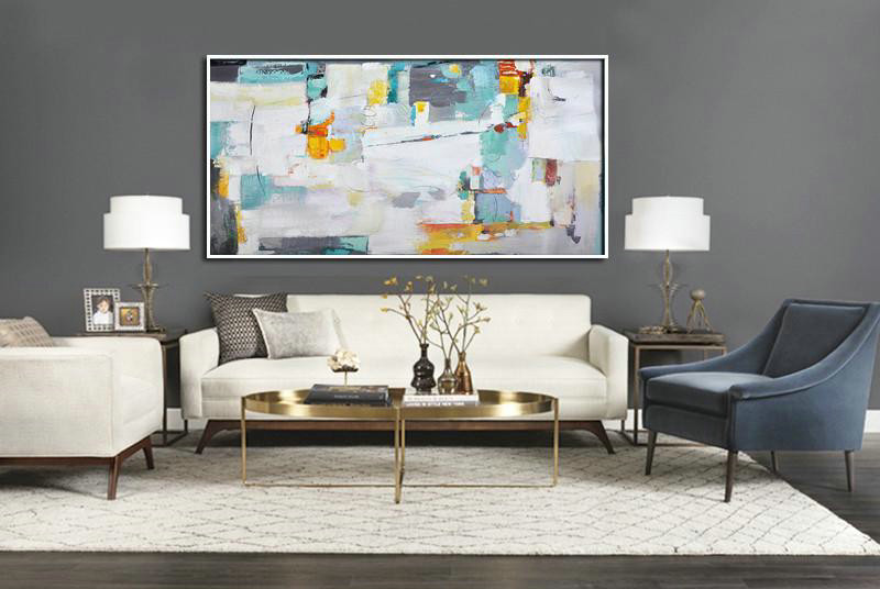 Large Abstract Art Handmade Oil Painting,Horizontal Palette Knife Contemporary Art,Original Art,White,Grey,Yellow.etc
